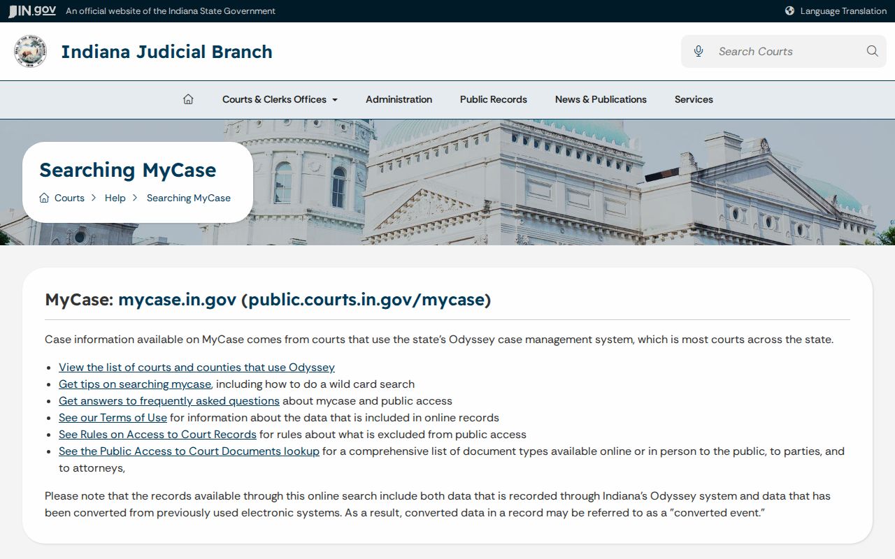 Indiana MyCase help page for public Henry County case access