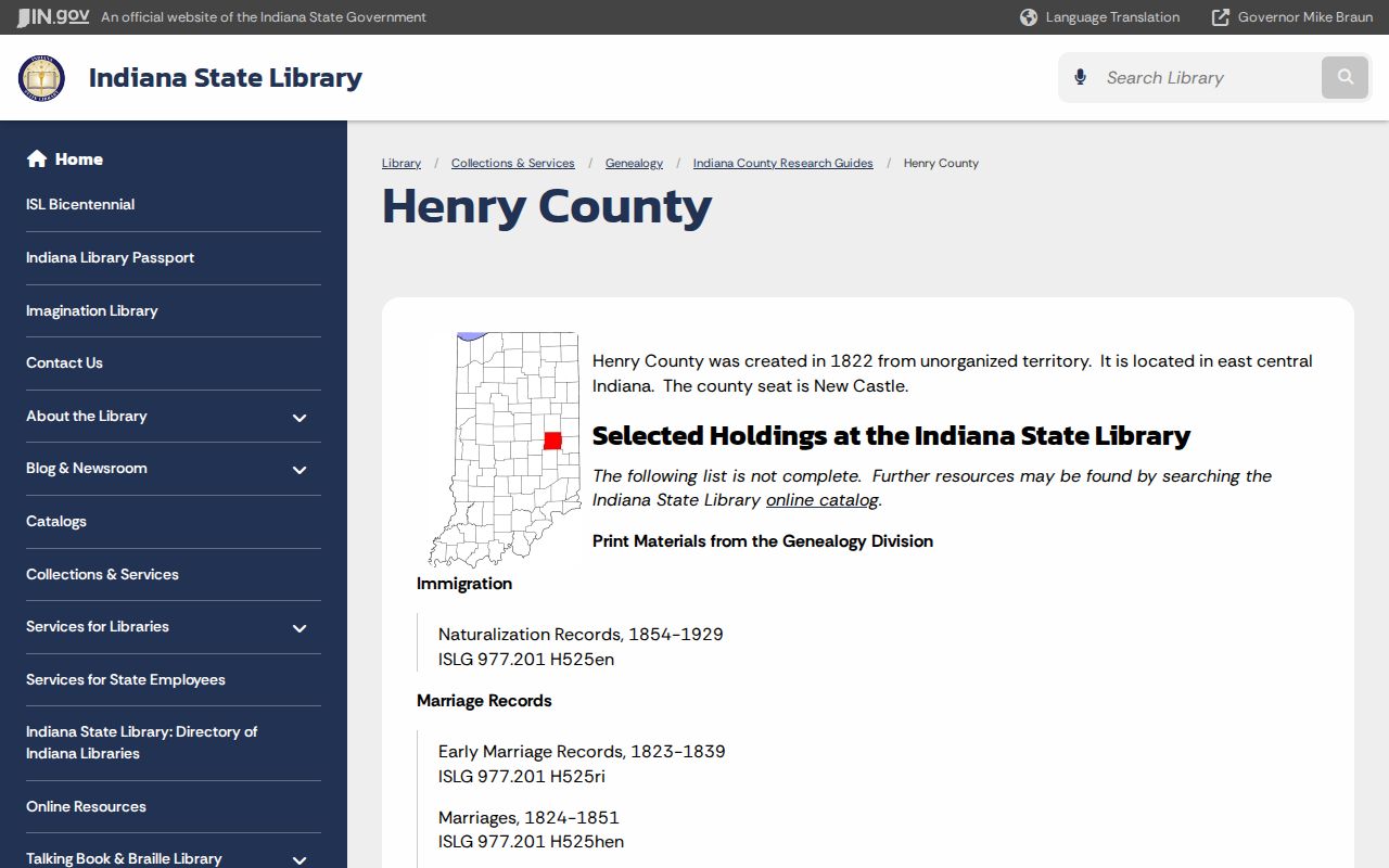 Indiana State Library Henry County historical records guide